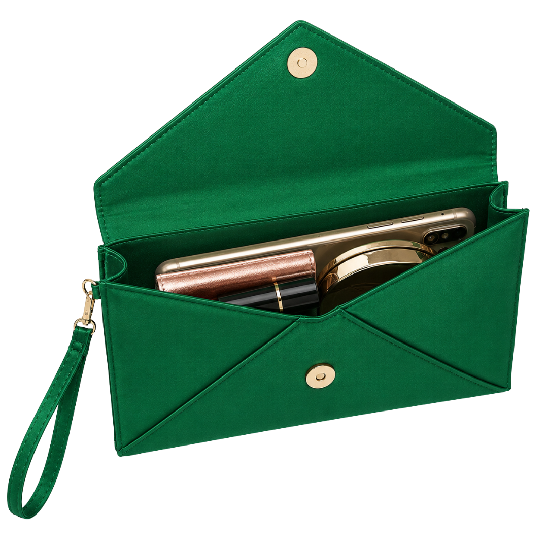 Emerald Satin Envelope Clutch